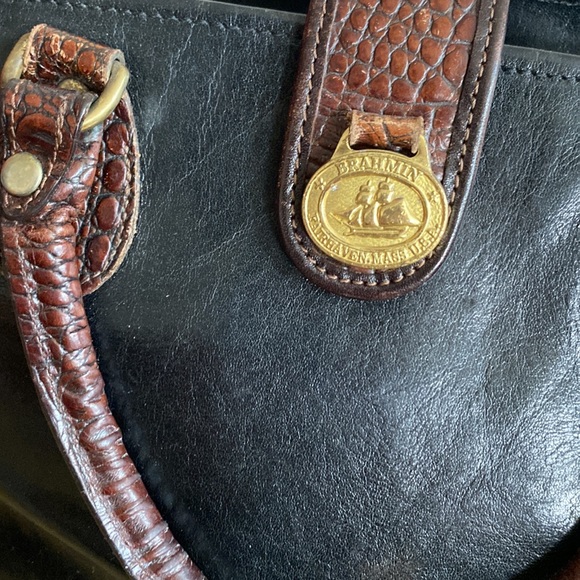 VINTAGE BRAHMIN DESIGNER BLACK 100% LEATHER BROWN CROC STRUCTURED BAG PURSE - Picture 16 of 16